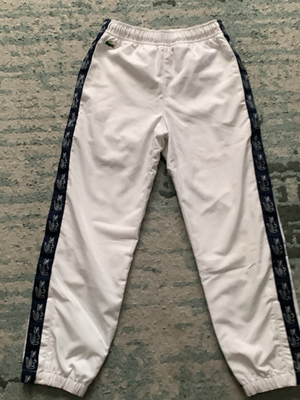 Lacoste White Track Pants with Navy Side Tape and Green Logo